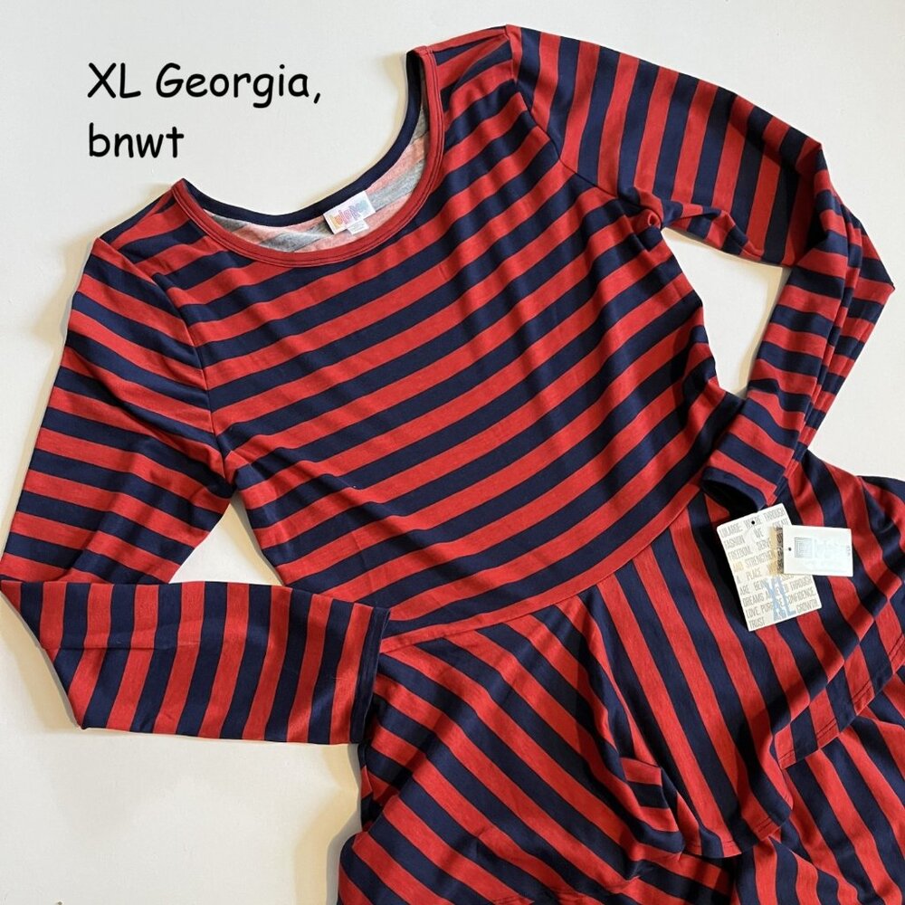 XL Lularoe Georgia tiered ruffle skirt dress, red and blue stripes